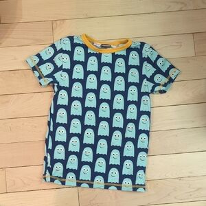 Maxomorra Blue Ghost-Print Short Sleeve Tee with Yellow Trim - 10 Years